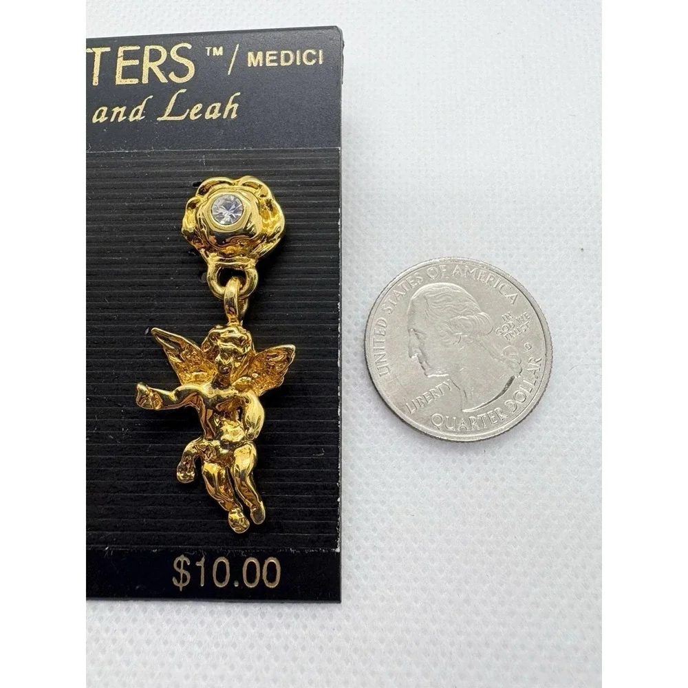 Vintage 90s‎ Two Sisters Medici Gold Tone Cherub Drop Earrings Rhinestone Cupid